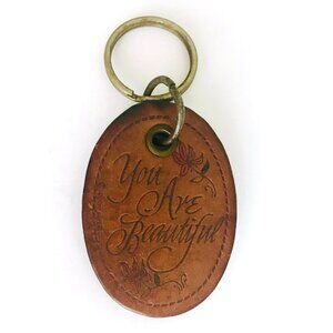 Vintage Leather Keychain "You Are Beautiful" Handmade Stamped 1970s Era Key Fob
